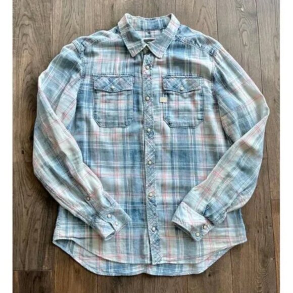 G-Star Raw Landoh Plaid Pearl Snap Shirt Size L Western Faded Blue Casual - Picture 2 of 9